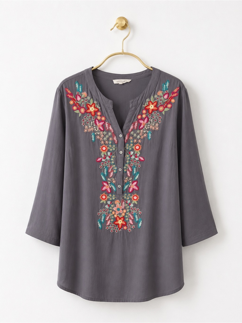 SOLITAIRE GRAY EMBROIDERED ROLL TAB SLEEVES BOHO WESTERN ROMANTIC TOP SZ XL - Picture 5 of 5